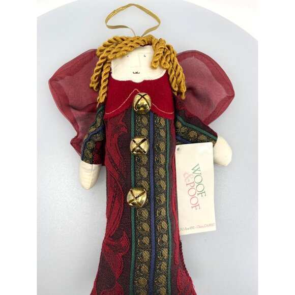 Handcrafted Woof & Poof Angel Ornament With Bells & Red Bow - 13 Inch - Picture 2 of 8